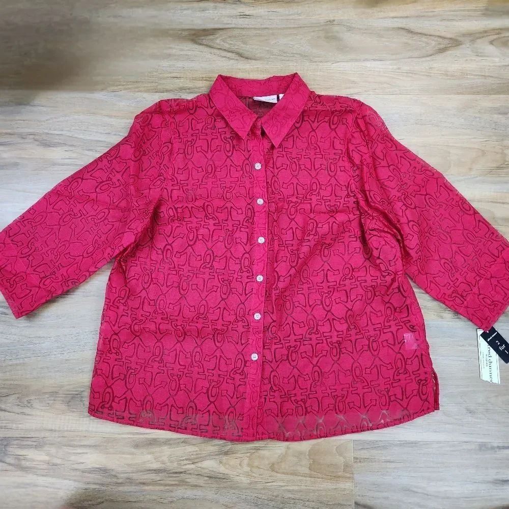 🔹️NWT Alfred Dunner Red Semi-Sheer All Aboard 3/4 Sleeve Size 16W